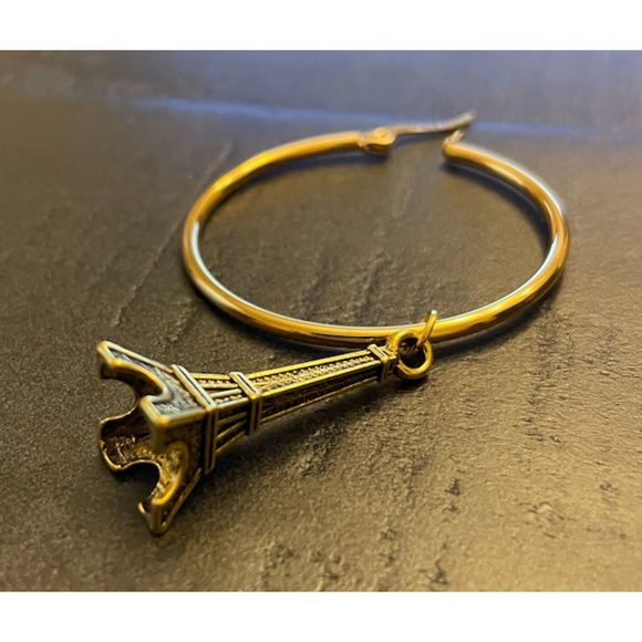 Gold Hoop Earrings with Eiffel Tower Charms - Picture 2 of 3